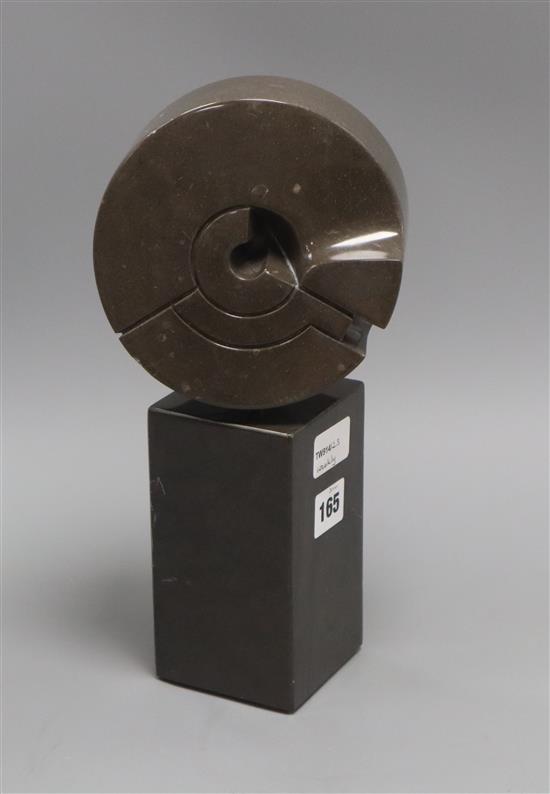 Louis Halleux (Belgian b. 1960), Spiral shell form on plinth, carved granite, H 30cm